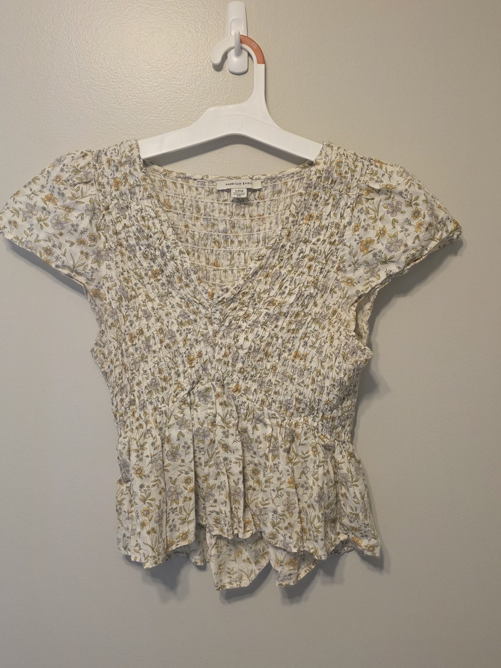 American Eagle Outfitters White Floral Smocked Peplum Top